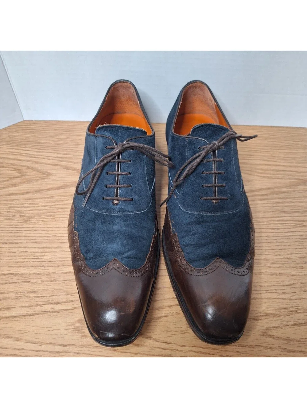 MEZLAN Men's 10.5 M Blue Suede Brown Leather Wingtip Oxford Dress Shoes Spain